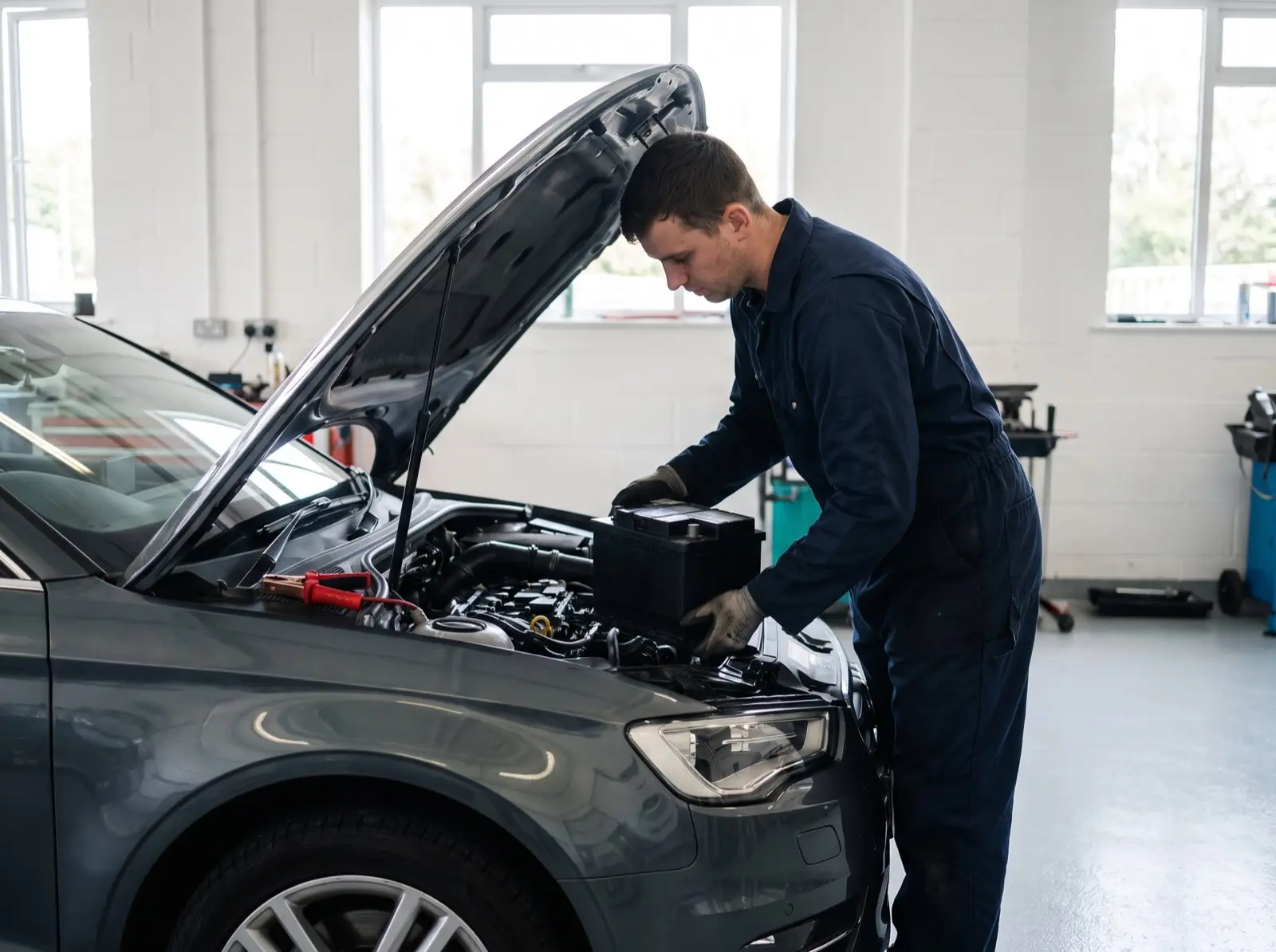 Mekaniker sänker ner ett nytt bilbatteri i motorrummet