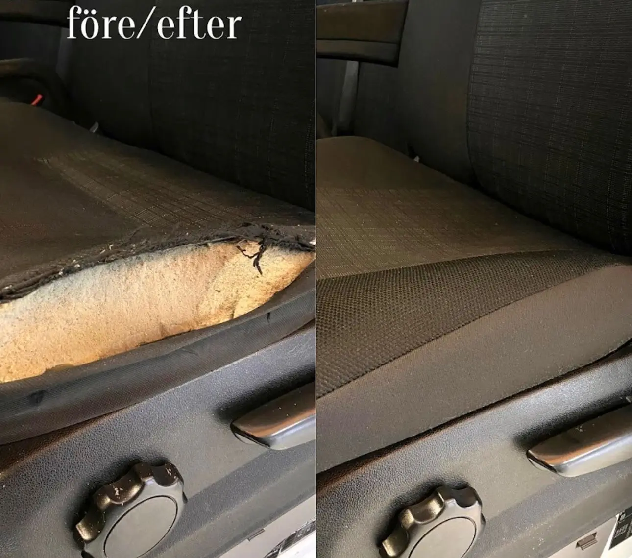 Tygklädd bilstol före och efter omklädsel hos AutoXtra